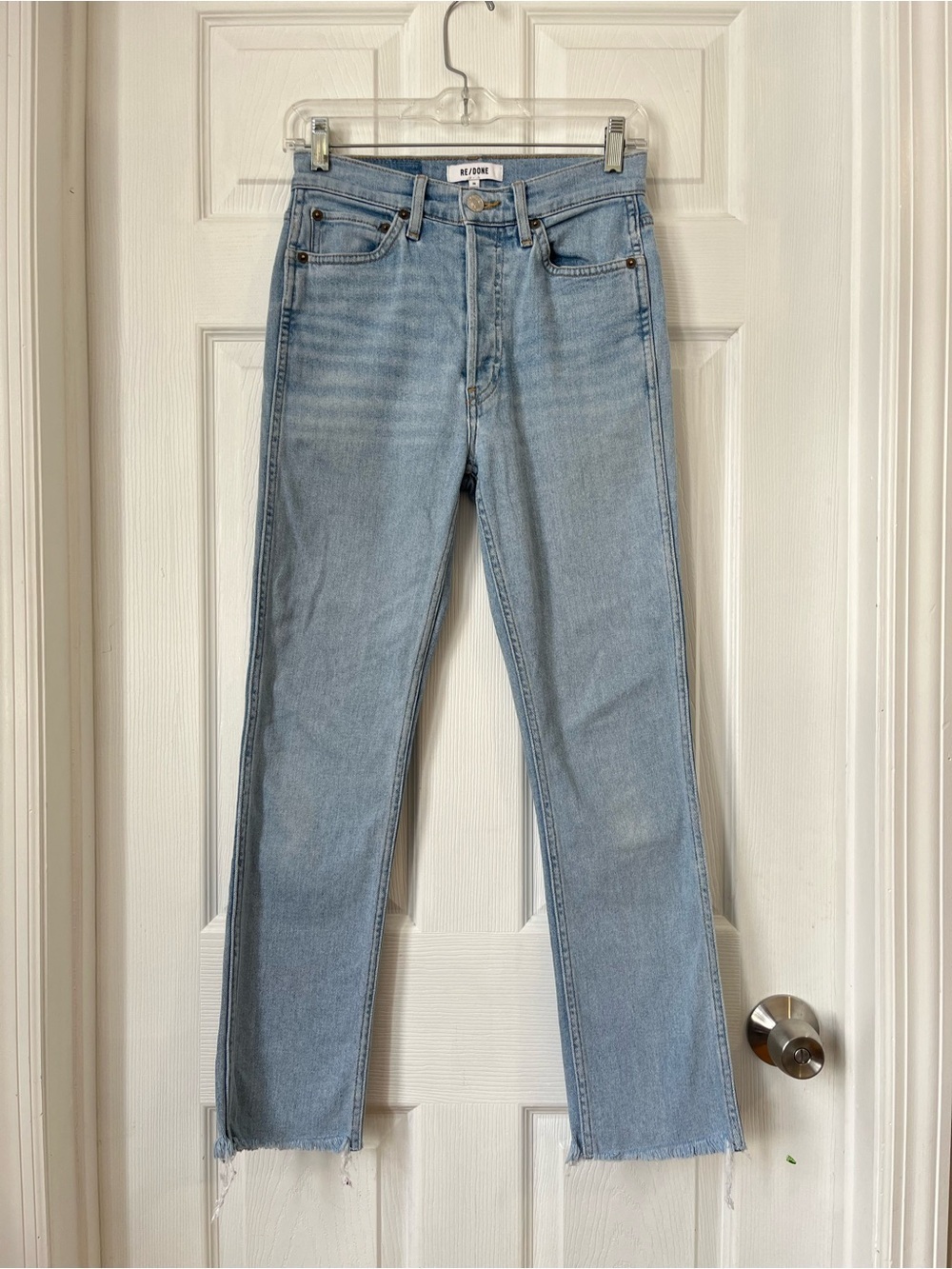 Re/Done Light Wash high-rise button fly straight-leg raw cropped hem jeans sz 26